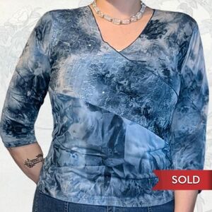 dressbarn Blue Whimsy Wrap Style Tie-Dye Blouse